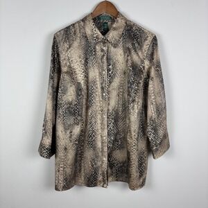 Lauren Ralph Lauren Shirt Womens 1X Snake Print Button Up 3/4 Sleeve 100% Cotton